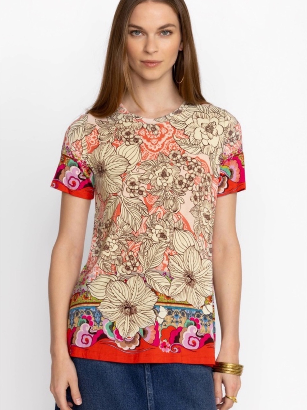 Johnny Was Coral and Cream Floral Short Sleeve Tee with Multicolor Border
